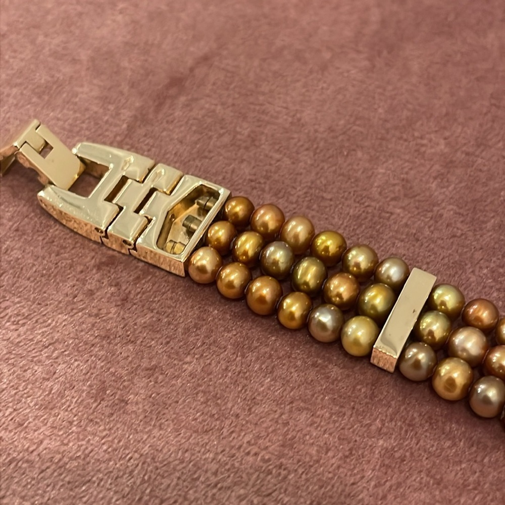 Gold Tone Three Strand Bracelet with Cultured Pearls and Rhinestones - Picture 11 of 16